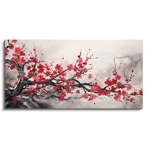 NAN Wind Asian Wall Art Traditional Chinese Decor Oriental Red Cherry Plum Blossom Canvas Pictures for Wall Decor for Living Room Landscape Artwork Framed Ready to Hang - color: Red-One Piece-1, size: 40"L x 20"W