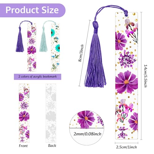 2 Pieces Dried Flower Acrylic Bookmarks, Transparent Floral Book Page Holder with Tassels, Cute Bookmark Clear Acrylic Tassels Book Marks Cute Book Accessories Gift for Reading Lover(2 Colors) - color: Deep Purple, Aqua Blue