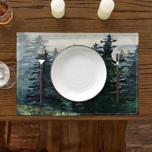 Ansouyi Placemats Set of 6, Green Watercolor Landscape Pine Forest Washable Heat Resistant Linen Table Mats, Kitchen Decor Non-Slip Place Mats for Party Dining, 12x18 Inch - color: Pine Forest