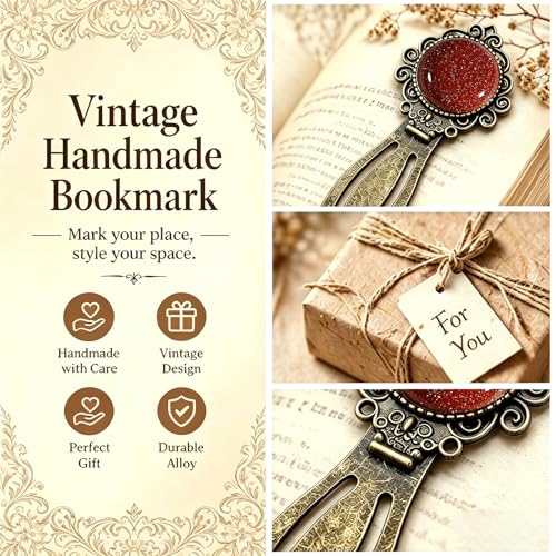 1Pcs Vintage Goldstone Bookmark with Natural Crystal Stone - Fantasy Brass Metal Bookmarks for Reading Women, Men, Book Lovers, Girls and Teachers Book Marks(Goldstone) - color: Goldstone