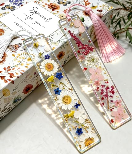 Buleens 2PCS Bookmarks for Women - Yellow Book Marks for Readers Book Lovers, Personalized Handmade Dried Flower Resin Bookmark with Tassels, Pretty and Aesthetic - color: Pink Purple