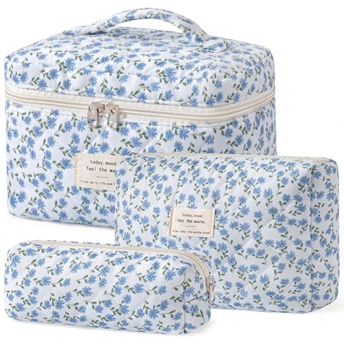 HBselect Quilted Makeup Bag, 3Pcs Cotton Large Travel Makeup Bags Organizer - color: A-3PCS-Floral 24
