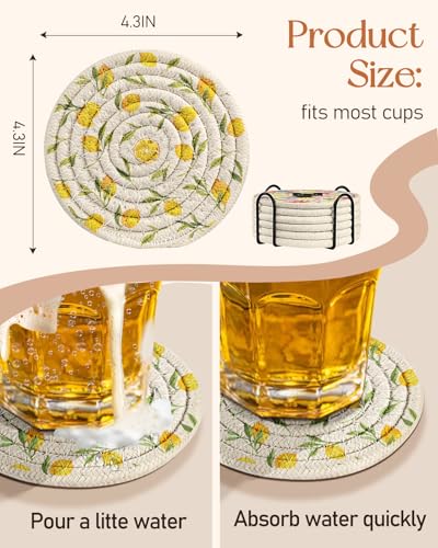 Absorbent Cup Coasters Set of 6 with Holder, Lemon - color: Lemon
