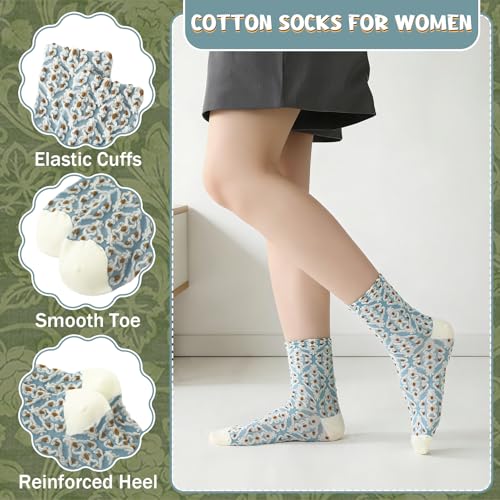 5/6 Pair Crew Socks for Women Floral Socks - color: Light Green, Khaki, White, Dark Blue, Brown