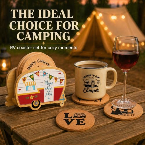 Unique Happy Camper RV Coasters Set of 4 with Holder - color: New Red