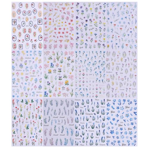 3D Flower Leaf Nail Stickers 12 Sheets Self-Adhesive Floral Decals for Nail Art Summer Wildflowers Blossom Leaves Design Manicure Decorations DIY Plants Sliders Nail Art Accessories for Women - style: Wildflowers