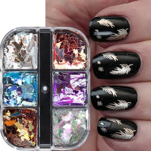 Laser Feather Glitter Sequins Nail Accessories Mix 6 Colors Manicure Feather Nail Art Glitter Flakes 3D Nails Supplies Jewelry Studs Nail Decoration Kit Suitable for Women Sparkly Acrylivc Nail