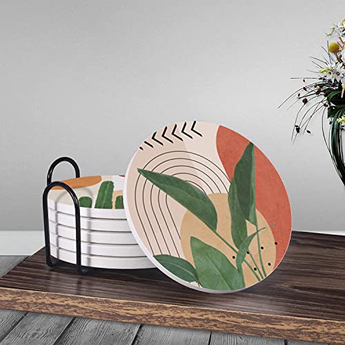 HUXJOKO Coasters for Drinks Set of 6,Modern Boho Tropical Leaves Absorbent Ceramic Coaster,Round Stone Mat,with Cork Base and Metal Holder for Coffee Table Room Bar Home Decor Housewarming Gifts - color: Boho Tropical Leaves, size: Round