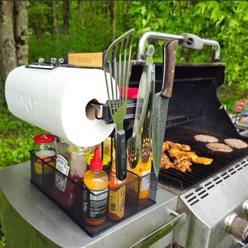 Geesta Grill Caddy for Outdoor Grill, BBQ Picnic Camping Caddy with Paper Towel Holder & Magnetic Tool Holder, Condiment Storage Utensil Kitchen Organizer for RV Camper, Tailgate Accessories