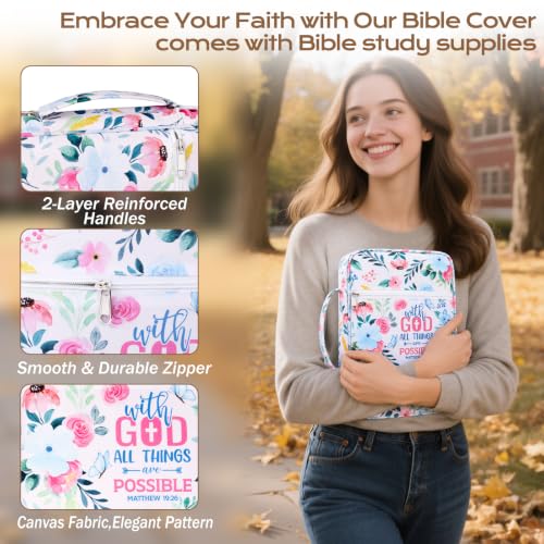 XKDOUS Bible Cover Case for Women Bible Bag Journaling Kit w/Study Supplies - color: Canvas Pink & Blue, size: Large