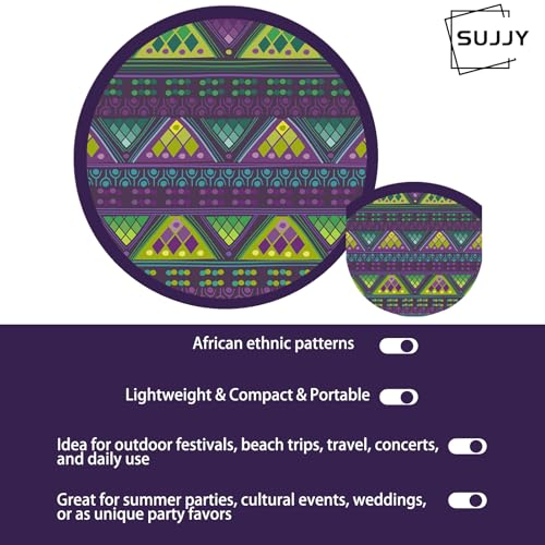 4 Pack Boho Ethnic African Pattern Folding Fan – Vintage Ethno Style Round Hand Fan, Lightweight Portable Cooling Fan for Summer, Beach, Festival & Travel (Violet) - style: Boho Ethnic African