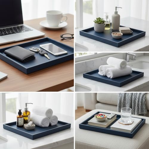 20x14 Inch Rectangular Ottoman Tray | Textured PU Leather, Waterproof & Heat-Resistant Storage for Coffee/Dining Tables, Sofa, Bed, Entertainment & Party (Navy Blue, 20 * 14in) - color: Navy Blue, size: 20" x 14" x 1.5"