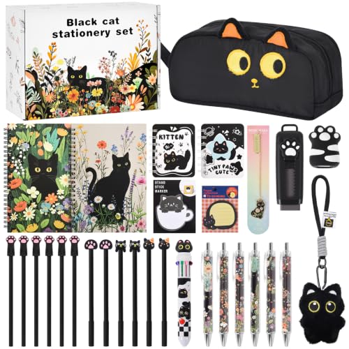 Ulema Cute Black Cat Gifts for Women,30Pcs Stationery Set Birthday Gifts for Boys Girls Back to School and Kawaii Classroom Office Supplies with Black Cat BallPoint Pen, Pencils, Sticky Notes etc. - style: black cat