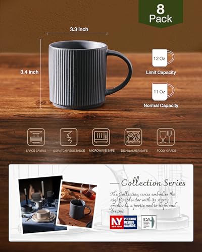 famiware Coffee Mug Set of 8, Star 12 oz Ceramic Mugs Cups Set with Handle - color: Star-Matte Dark Charcoal, size: 8 Count (Pack of 1)