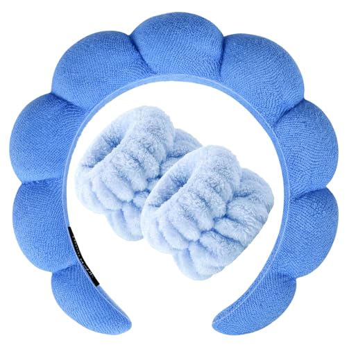 Zkptops Spa Headband for Washing Face Wristband Set Sponge Makeup Skincare Terry Cloth Bubble Soft Get Ready Hairband for Women Girl Puffy Padded Headwear Non Slip Thick Hair Accessory(Dark Blue) - color: YP Dark Blue