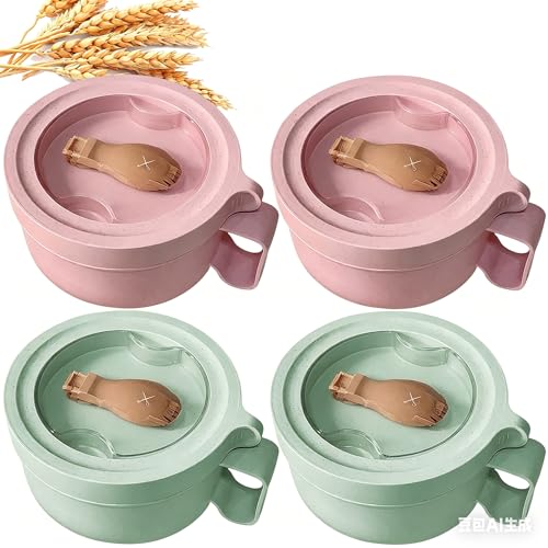 4Pack Wheat Straw Microwave Ramen Bowl Set Noodle Bowls With Lid and Spoon, Improved Easy-Grip Design for On-the-Go - Holds Soup, Rice, Cereal & More - BPA-Free(Pink of 2+Green of 2) - color: Pink+Green 4-Pack (2 of each)