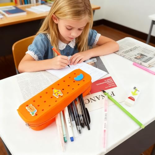 1 Pack Cute Silicone Pencil Case Pencil Pouch with DIY Holes and 3 Decoratives(Random) Travel Makeup Brush Bag suitable for travel home7.81inch (Orange) - color: Orange