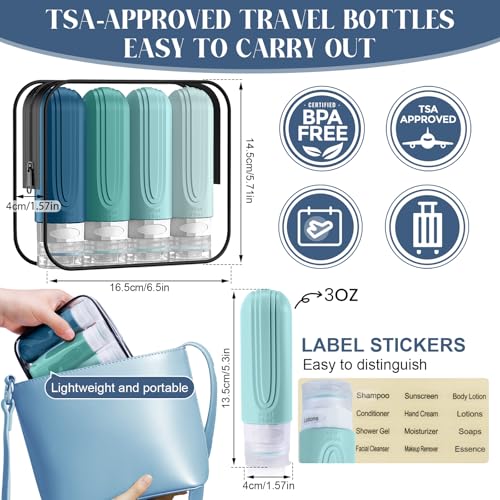 Travel Bottles for Toiletries, 3oz TSA Approved Travel Size Toiletries, Silicone Leak-Proof Refillable Containers, Squeezable Liquid Essentials Bottles W/Clear Bag (GREEN) - color: GREEN