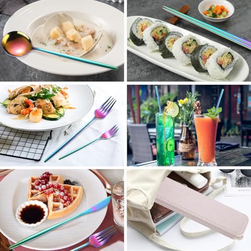 AARAINBOW 8 Pieces Stainless Steel Flatware Set Portable Reusable Cutlery Set Travel Utensils Set Including Chopsticks Knife Fork Spoon Straws Cleaning Brush Dishwasher Safe (Multicolored) - color: Multicolor