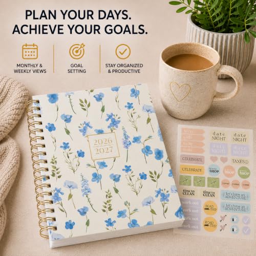 WORLD TRAVELER Academic Planner School Organizer Jul 2026-Dec 2027, 7"x9" - color: Blue Floral