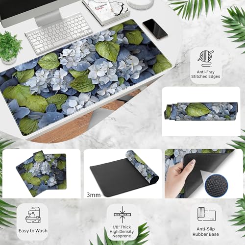 Large Desk Mat Hydrangea Floral Extended Gaming Mouse Pad, Keyboard Mouse Mat for Office & Home, Cottagecore Desk Pad XXL Computer Desktop Pad, Office Desk Accessories for Women 31.5×15.7 Inch - color: Blue and White Hydrangea