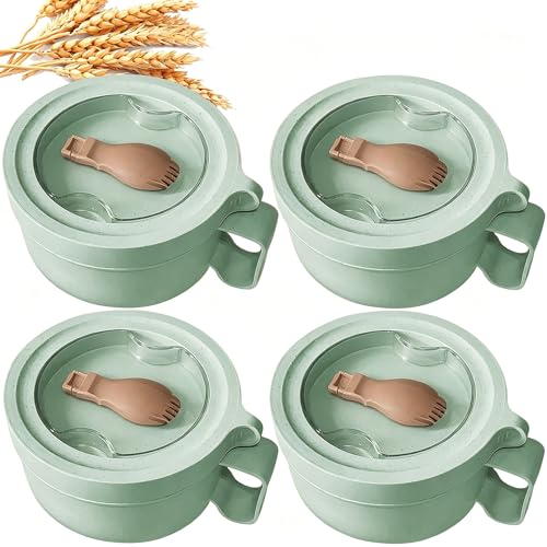 4Pack Wheat Straw Microwave Ramen Bowl Set Noodle Bowls With Lid and Spoon, Improved Easy-Grip Design for On-the-Go - Holds Soup, Rice, Cereal & More - BPA-Free - color: Green 4-Pack
