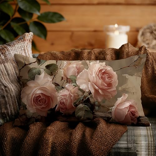Vintage Pink Rose Floral Throw Pillow Covers Decor 12x20 Inch - color: A-rose-1, size: 20" x 12" (Pack of 1)
