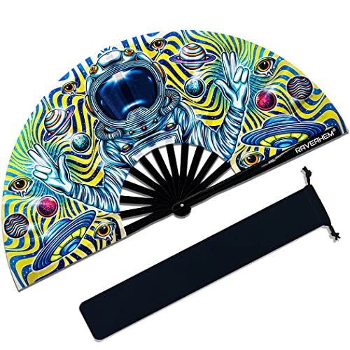 13" Large Rave Fan Bamboo, Folding Clack Hand Fans Foldable for Men Women, Poping Fan for EDM Festival Line Dance Decoration, (Space, Large 13") - color: Space, size: Large 13"