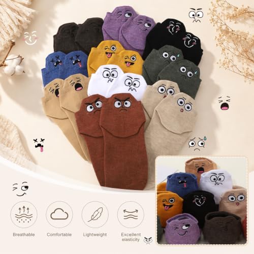 10 Pairs Cute Kawaii Embroidered Low Cut Ankle Socks - color: Muted Neutral Wide-eyed Face