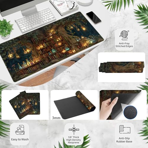 Desk Mat Large Mouse Pad Magical Tree Gaming Desk Pad, Extended Keyboard and Mouse Mat XXL, Computer Mats for Desktop Full Desktop Laptop Mat, Anime Dark Academia Office Desk Decor 31.5x15.7 Inch - color: Enchanted Forest Library