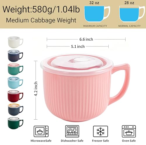 Ceramic Soup Bowl with Handle & Lid, Large 32oz Microwave Ramen Bowl Pink - color: Pink-32, size: 32 OZ