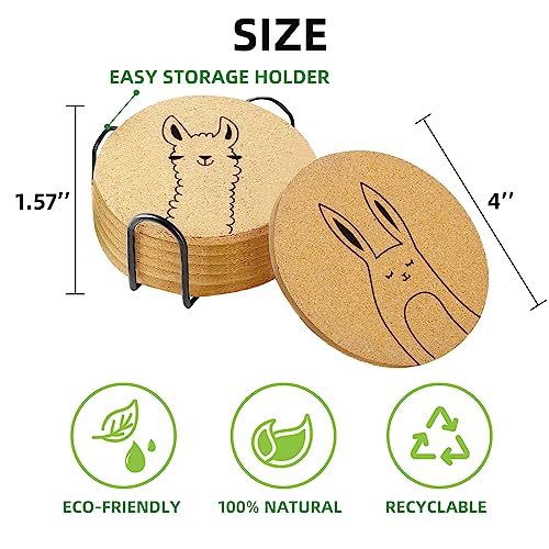 Coasters for Drinks with Holder Set of 6, Cute Animals Coaster Bulk for House Warming Gifts for New Home Couples Absorbent Cork Wood Cup Desk Coffee Table Office Kitchen Decor, Round 4" - color: Animals