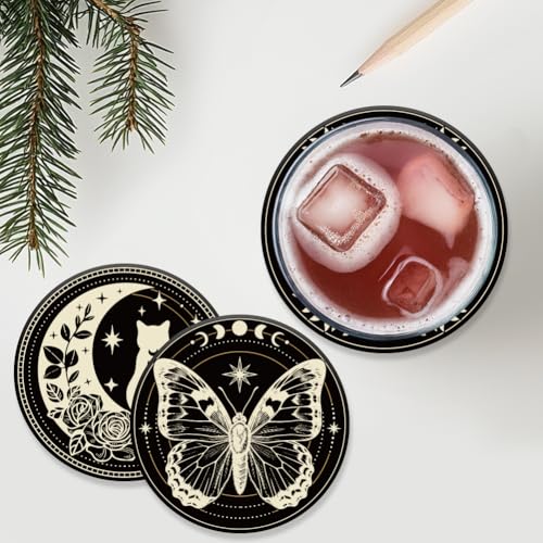 ANATTASOUL Moon Phases Magic Wooden Coasters Set of 9 Bulk(3.9") - style: Moon Phases Magic