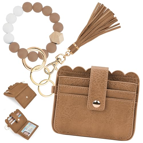 Wristlet Wallet for Women with Keychain – RFID Card Holder Small Wallet Wristlet with Key Ring - color: Camel, style: Classic