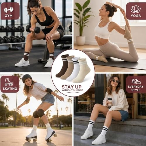 Forever Bambe Mini Crew Socks for Women 4-Pack Cushioned Bottom Retro Striped Socks - Athletic Women's Short Calf Sock - color: 11 - Fall Brown