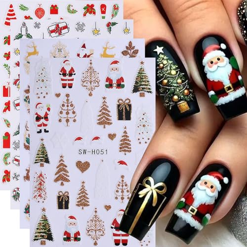 Christmas Nail Art Stickers Decals 16PCS 3D Self-Adhesive New Year Sticker for Nail Art Santa Claus Tree Elk Snowman Gonks Red Designs DIY Xmas Winter Decor Nail Art Supplies for Women - style: Christmas