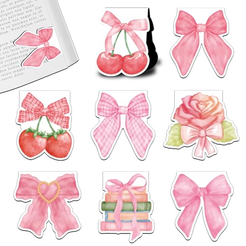 Coquette Style Magnetic Bookmarks Pink Bow Book Mark Cute Planner Bookmark Set for Book Lovers Cherry Strawberry Magnet Bookmark Clips Unique Small Gifts for Reading Women Girly Student Teacher 8 PCS
