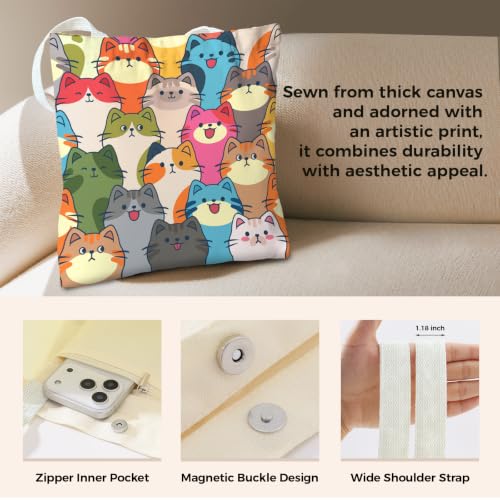 Cute Canvas Tote Bag for Women, Book Totebag with Zipper Pocket - color: Cats