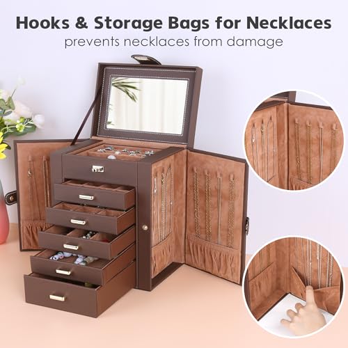 Kendal Jewelry Box, 6-Layer Jewelry Storage Organizer for Necklace Bracelet Rings Watch, 10.2"x8.2"x6" Classic Brown PU Leather 5 Drawers Large Storage Capacity with Mirror - color: Brown, size: Medium(10.2"x8.2"x6")
