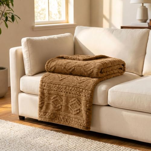 Superior Fleece Boho Jacquard Blanket, Decorative Blankets for Bedroom, Sofa, Fuzzy, Plush, Fluffy, Soft, Cute Room Decor, Beautiful Cover, Comfort Essentials, Arctic Collection, Throw, Camel