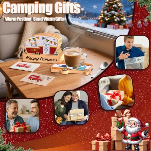 Wood Drink Coasters Set of 4, Happy Camper Cute Coasters with Holder - color: Red
