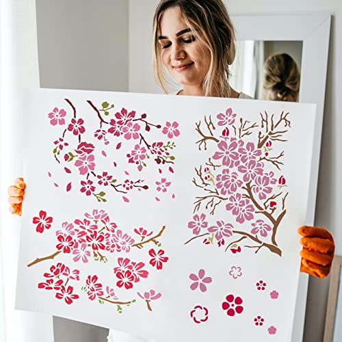 FINGERINSPIRE 4PCS Cherry Blossom Branch Stencils 11.7x8.3 inch A4 Size