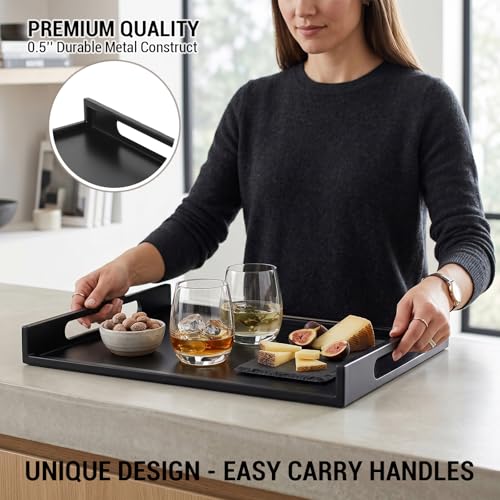 MyGift 16 Inch Matte Black Metal Large Serving Tray with Handles