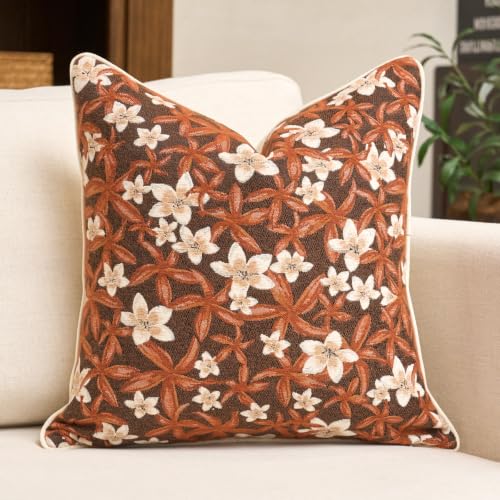 Aeckself Neutral Floral Pillow Cover 20 x 20 Inch, Vintage Chenille Square Throw Pillow Cover Soft Home Decorative Farmhouse Accent Couch Pillow Cover for Living Room Bedroom, Orange - color: Orange, size: 20" x 20" (Pack of 1)