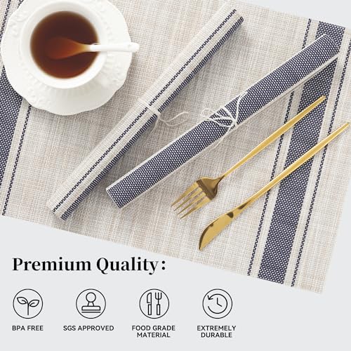 Leetaltree Khaki-Blue Placemats, Heat Resistant Non-Slip Place mats for Dining Table, Washable Durable PVC Vinyl Woven Table Mats (Set of 8) - color: H1- Khaki Blue, size: Set of 8