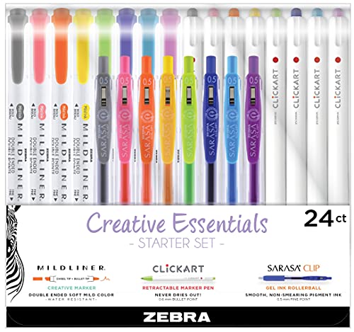 Zebra Pen Creative Essentials, MILDLINER, CLiCKART & SARASA, Assorted, 24Pk - style: Essentials Starter Set