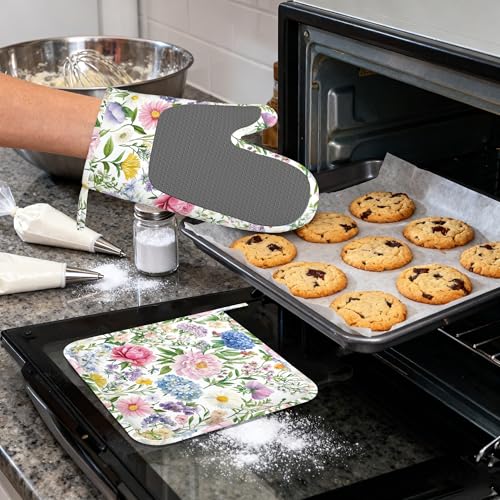 Watercolor Floral Oven Mitts and Pot Holders (4PCS),Wildflowers Heat Resistant Non-Slip Silicone Kitchen Gloves for Cooking, Baking, BBQ Waterproof Kitchen Accessories - color: Watercolor Floral Wildflowers