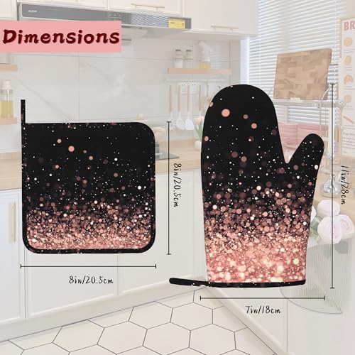 Rose Gold Glitter Silicone Oven Mitts and Pot Holders,Heat-Resistant 4 Piece Kitchen Set Non-Slip Oven Gloves and Hot Pads for Cooking, Baking, Grilling,BBQ - color: Rose Gold Glitter