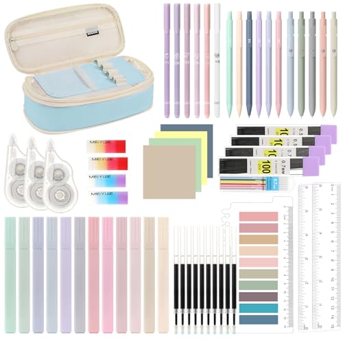 MoKo Pencil Case with Supplies, 60Pcs Aesthetic School Set, Blue - color: Blue-60P