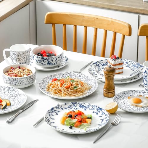 Blue Ceramic Bowl Large Cereal Bowls Set of 4 with Japanese Floral Pattern - color: 4PC white and blue 5